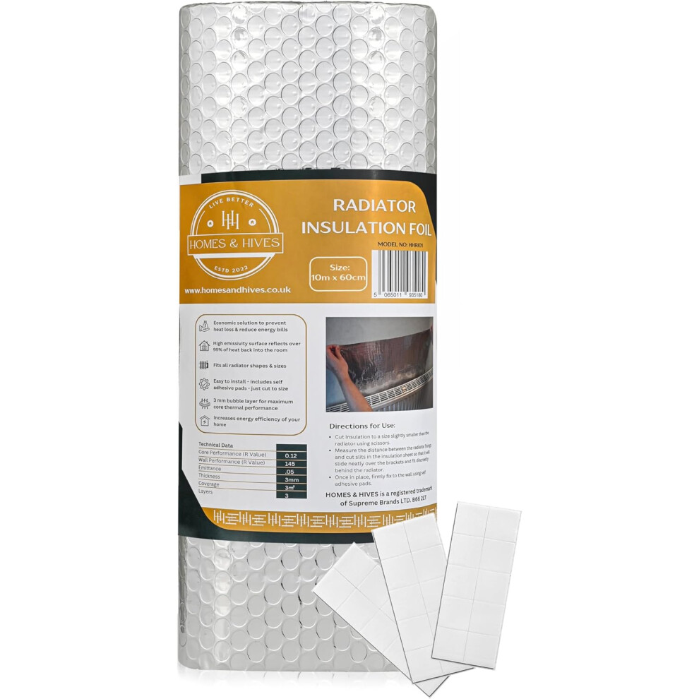 Homes & Hives Live Better Hh Radiator Reflector Foil 10M X 60Cm Thick Energy Saving Radiator