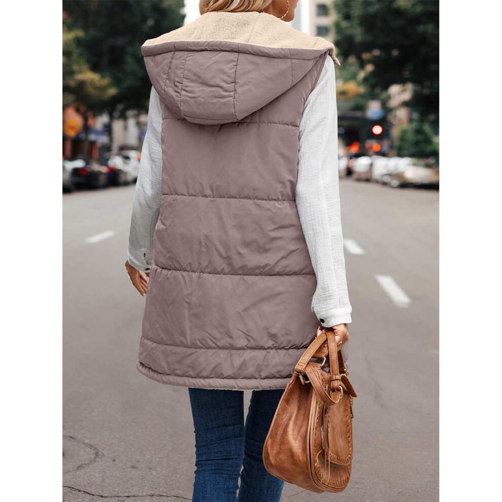 Women Warm Sleeveless Jacket Fashion Simple Patchwork Puffer Hooded Fall Reversible Vest Bean Paste Pink XL