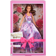 Poup   e Barbie Signature Birthday Wishes     collectionner en robe lilas satin   e avec cheveux bruns ondul   s et emballage cadeau