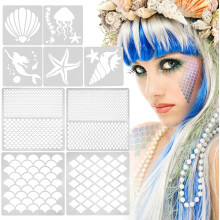 Kit de 9 Plantillas Escamas Sirena Profesionales,Stencils Reutilizables para Maquillaje Corporal en Carnaval, Fiestas y Cosplay,5 Tamaños Ajustables