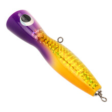 Big Popper Köder 18cm 139g Esche Holz Lila Gelb Reflektiv Bass Thun GT Forelle