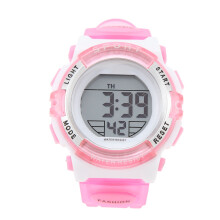 Digital Chronograph Watch Girls Student Electric Waterproof PU Strap for Swimming Sports with Colorful Night Light Alarm Pink
