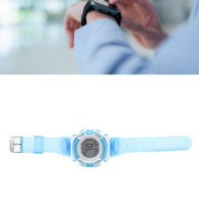 Digital Chronograph Watch Girls Student Electric Waterproof PU Strap for Swimming Sports with Colorful Night Light Alarm Blue