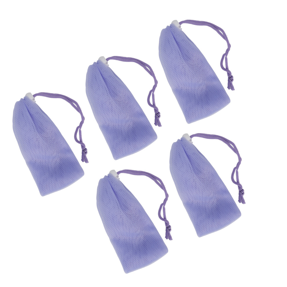 Purple 5Pcs Mesh Soap Pouch Saver Bag Bubble Foam Net With Drawstring Body Facial Cleansing Tool
