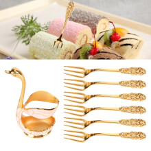 6Pcs Coffee Dessert Fork Set Metal Swan Base Holder Dessert Fork Organizer with 6pcs Forks for Coffee Fruit Dessert