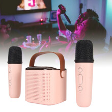 Mini Karaoke Machine Stereo Portable RGB Light Bluetooth Speaker with 2 Wireless Microphone for Home Party Pink