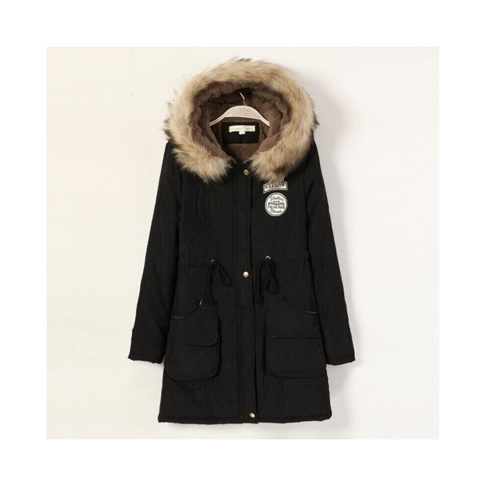 (Noir-S) Manteau long à capuche pour femme, chaud, col en fourrure, slim, parka d'hiver