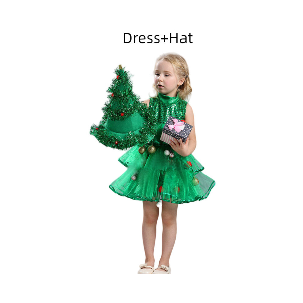 (Vert-Fit Hauteur 120 cm/47,24 po) Costume de sapin de Noël pour filles, robe verte sans manches, chapeau