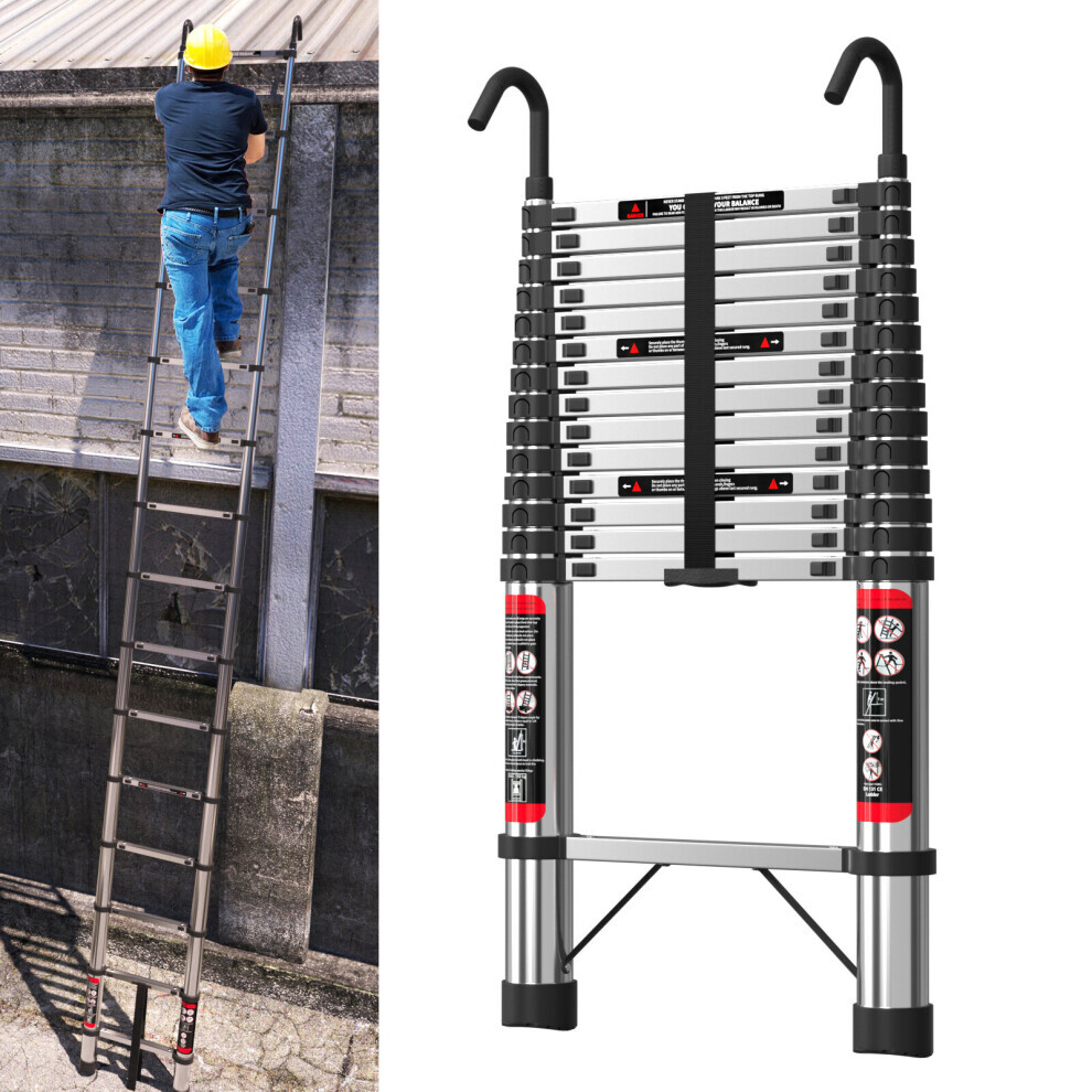 Échelle extensible (4,4 m) avec crochet, escabeau télescopique en acier inoxydable pour grenier polyvalent