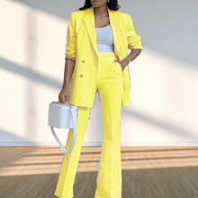 Women 2 Pieces Suit Plain Color Wide Leg Trousers Turn Down Collar 2 Pieces Long Pants Suit for Female Yellow XL