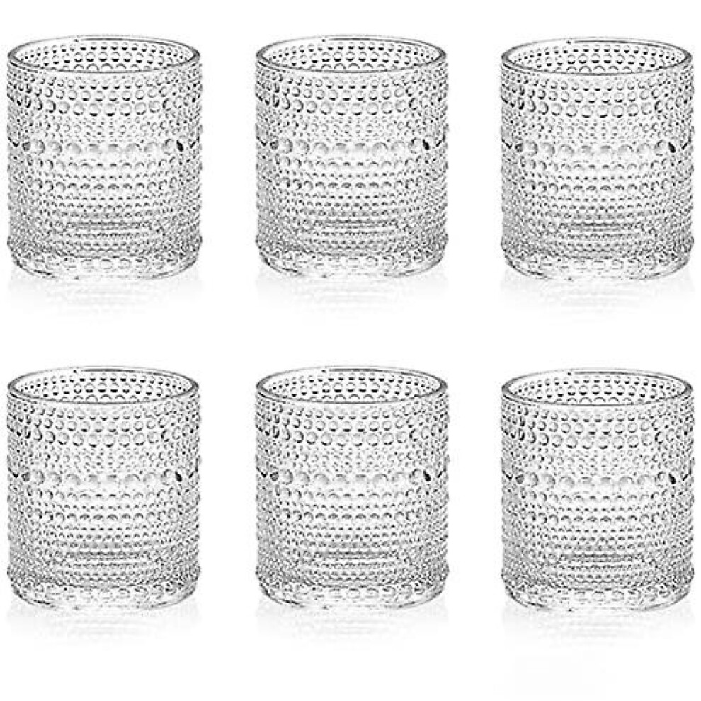 6.5 oz, 200ml, Hobnail Drinking Glasses Set 6, Embossed Vintage Glassware Set for Beer, Cocktail, Soda, Beverage Clear