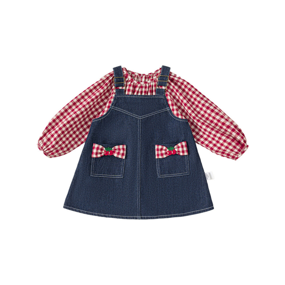 (100CM)Ensemble robe fille chemise à carreaux nœud denim jupe à bretelles avec matière coton