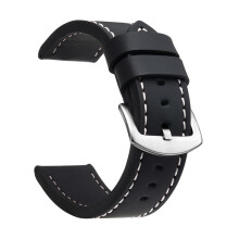 (20mm-Black White Silver)Fashion Watch Band Strap Sport Vintage Leather Watchband Stainless Steel Buckle