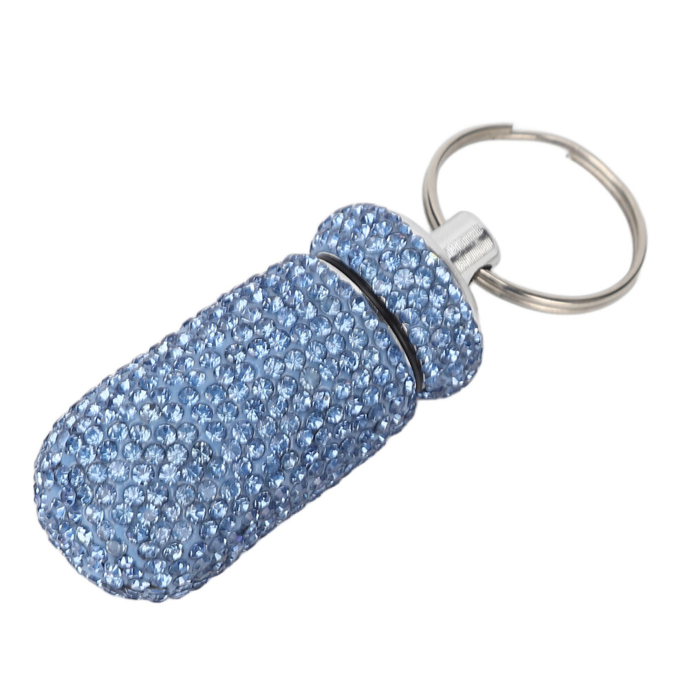 Light/Blue Rhinestone Medicine Bottle Container Aluminum Alloy Portable Capsules Storage Case Box With Keyring