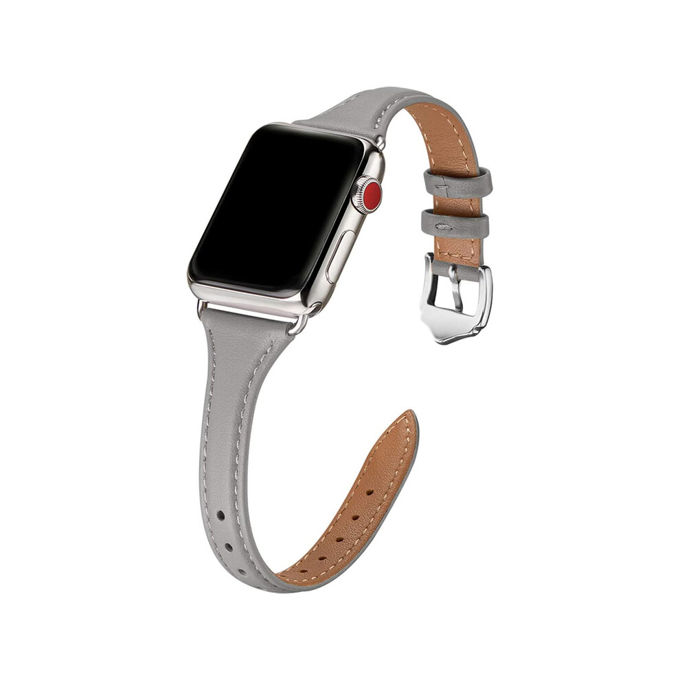 Bracelet fin en cuir pour Apple Watch (42 mm, 44 mm ou 45 mm, gris argenté) pour femme, compatible avec