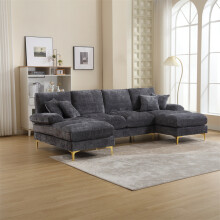 (Grey) U-Shaped Chenille Fabric Lounge with Double Chaise