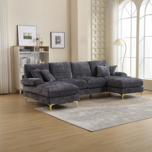 (Grey) U-Shaped Chenille Fabric Lounge with Double Chaise