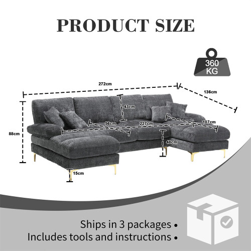 (Grey) U-Shaped Chenille Fabric Lounge with Double Chaise 2