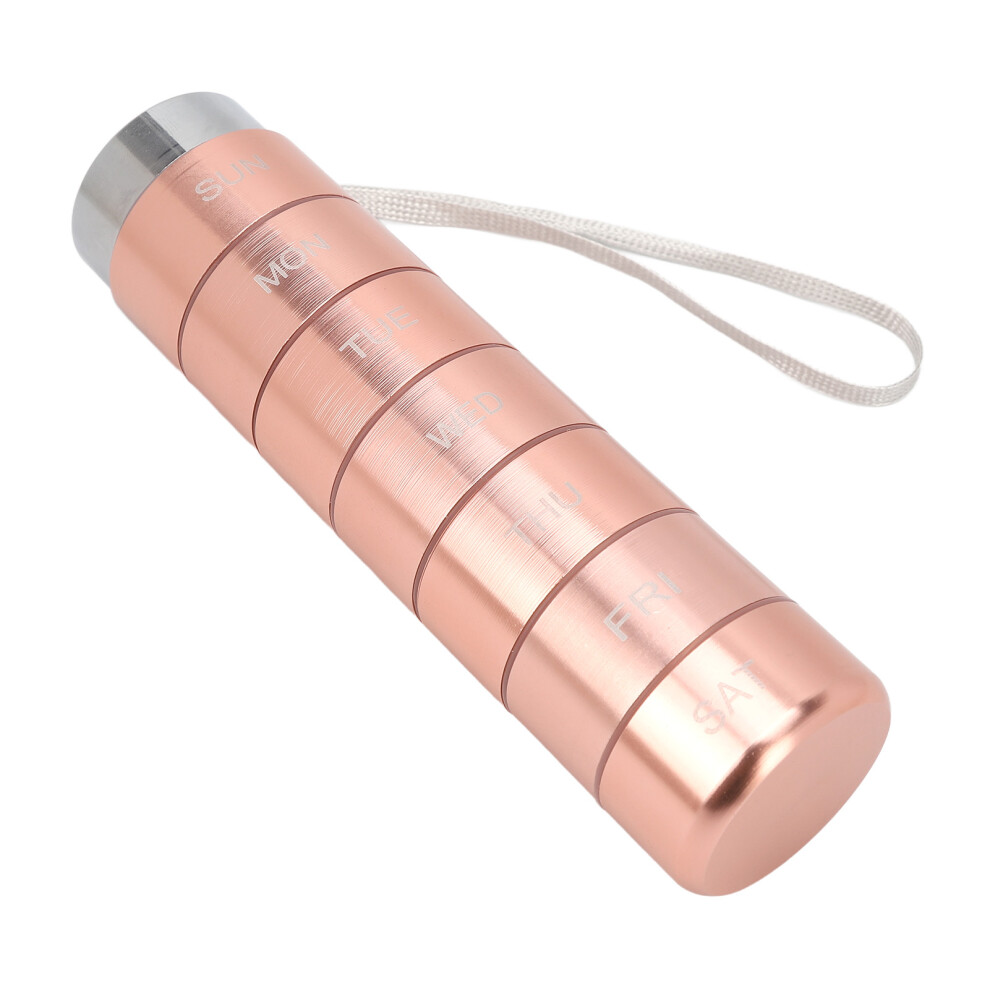 Metal Weekly Travel Medicine Organizer Portable Waterproof 7 Days Aluminum Alloy Tablets Box with Lanyard Rose Gold