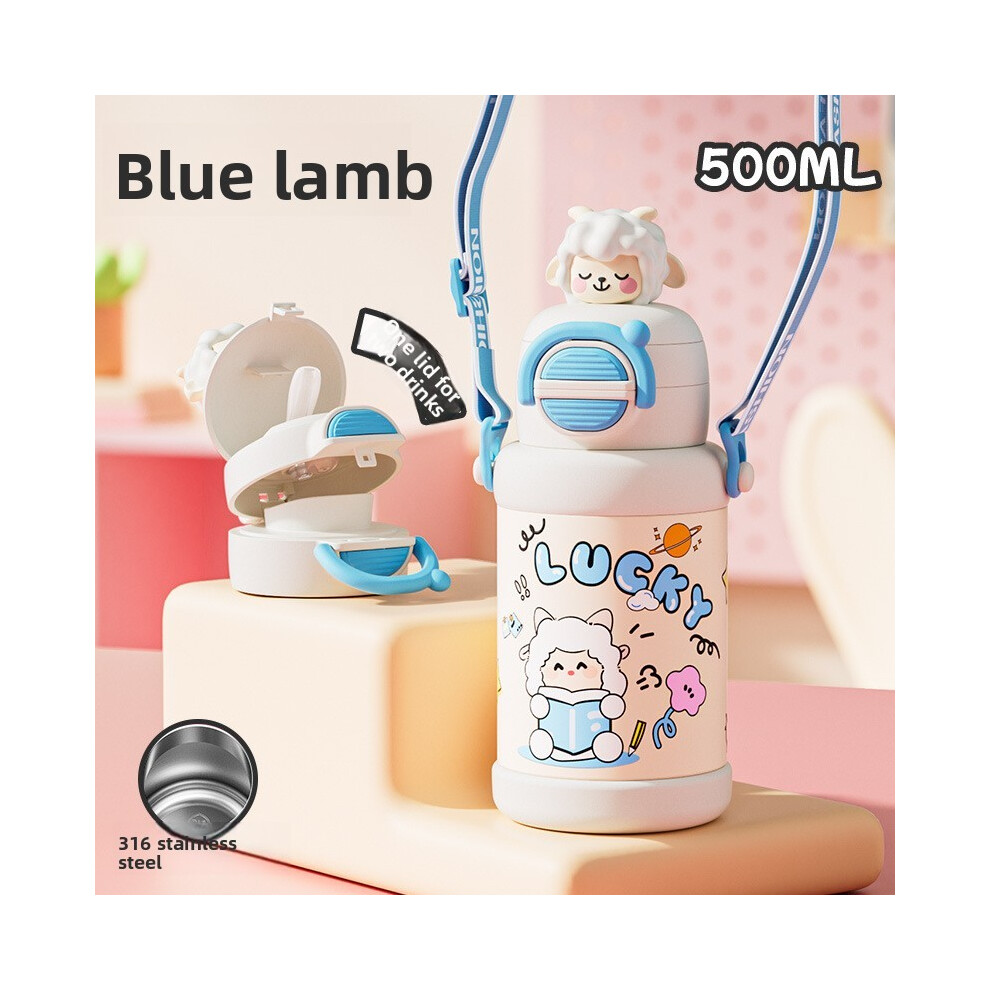 (Blue Sheep) Pattern Cat Cartoon Children Vacuum Flask With Carry Strap For Travel School And-image-OPC-PHR7RG5-NEW