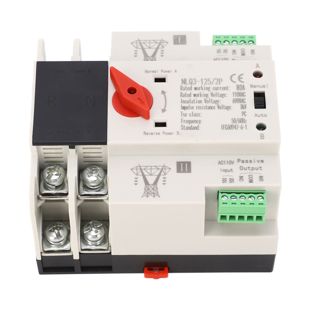 Ac110v 80A Dual Power Automatic Transfer Switch Quick Response Power Transfer Switch For Shopping Malls Factories 2P 6941315521634