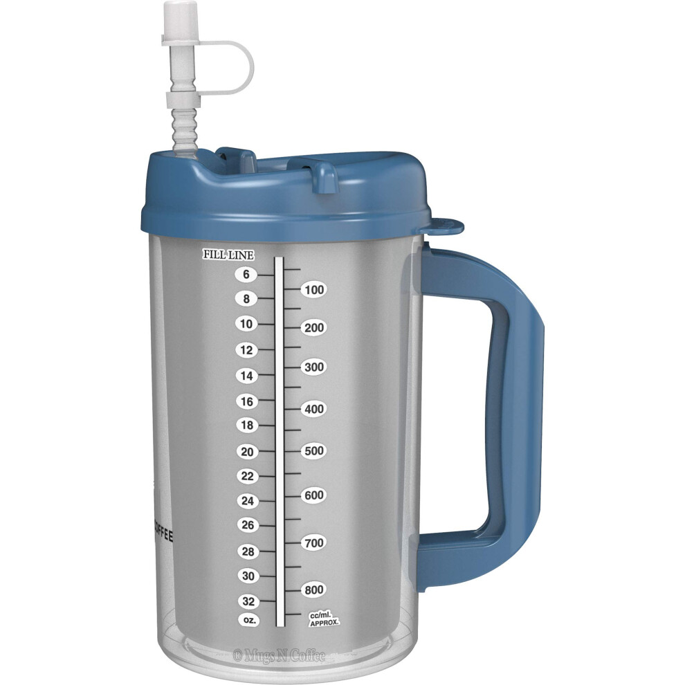 Muggar N Kaffe 32 Oz Double Walled Hospital Mug With Straw - Pearl Blue Lid And Handle - Mugs N Coffee