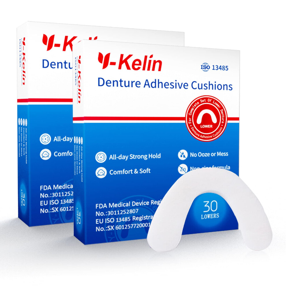 Y-Kelin Lower Denture Adhesive Cushions Adhesive-Free Denture Pads For Sore Gums 30 Pads*2 (60 Strips)