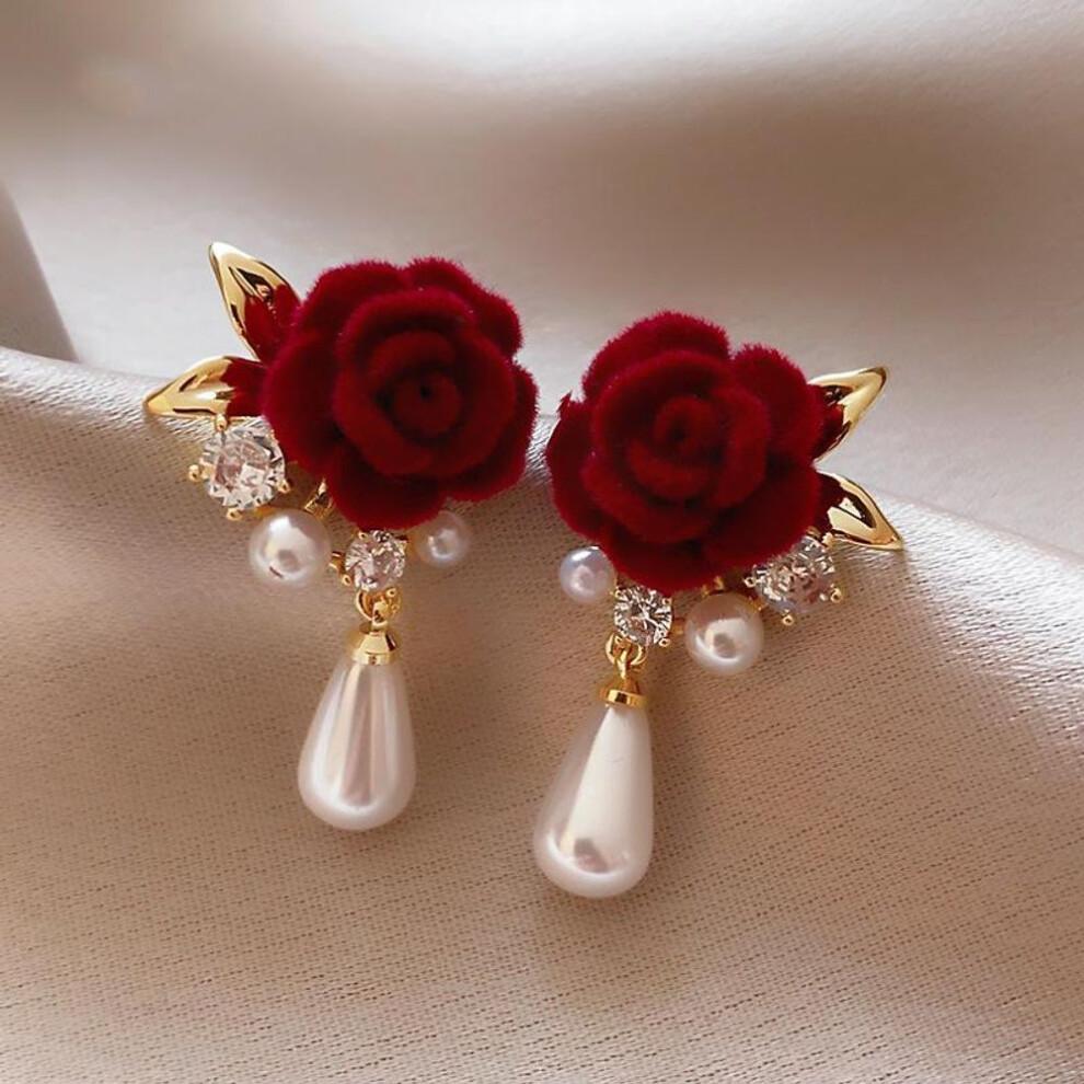 Red Rose Flower Imitation Pearl Zircon Earrings Niche Vintage Stud Earrings Premium Sense Ear Jewelry
