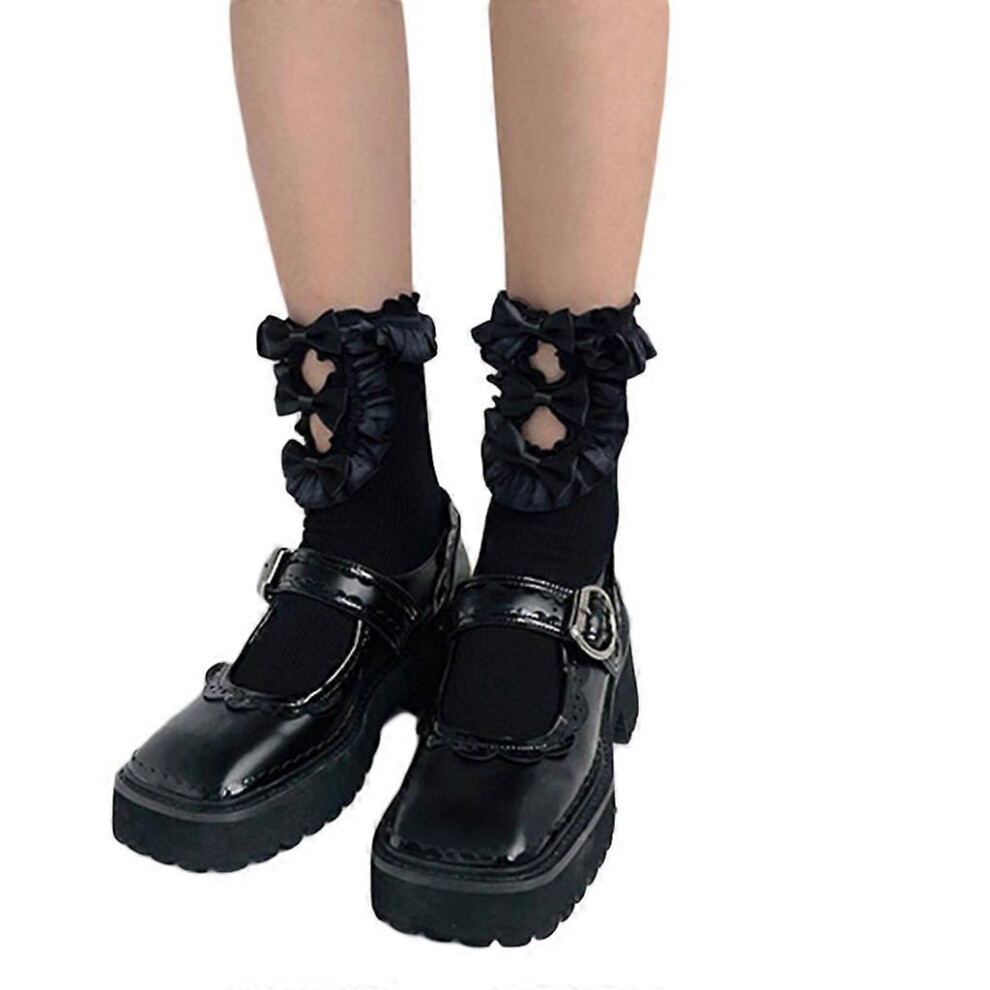 (Black Socks, One Size) Japanese Women Lolita Frilly Ruffle Crew Socks Harajuku Hollow Out Kawaii Sweet Bowknot Patchwork Student Ribbed Cotton Mid Tu 3081097250506