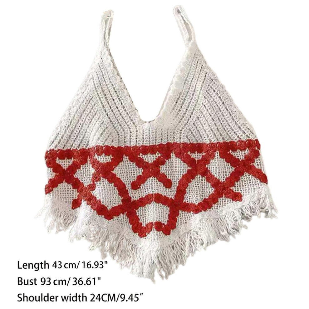 (As Show, One Size) Women Sleeveless Crochet Camisole Boho Knit Striped V-Neck Tassel Hem Crop Top Blue And White 3081097249944