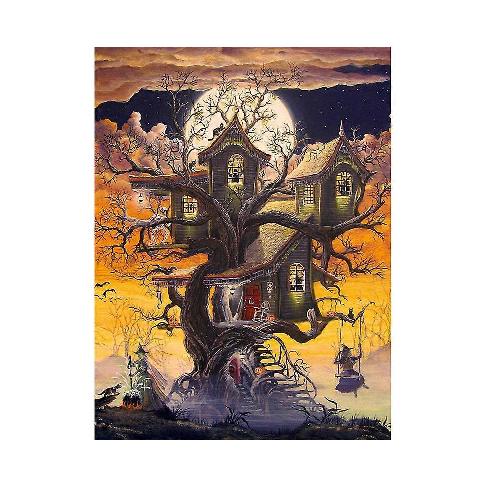 (As show, One size) 5D DIY Photo Custom Halloween Tree House Moon witch Diamond Embroidery Mosaic Modern Design Free Hand 12X16 inch