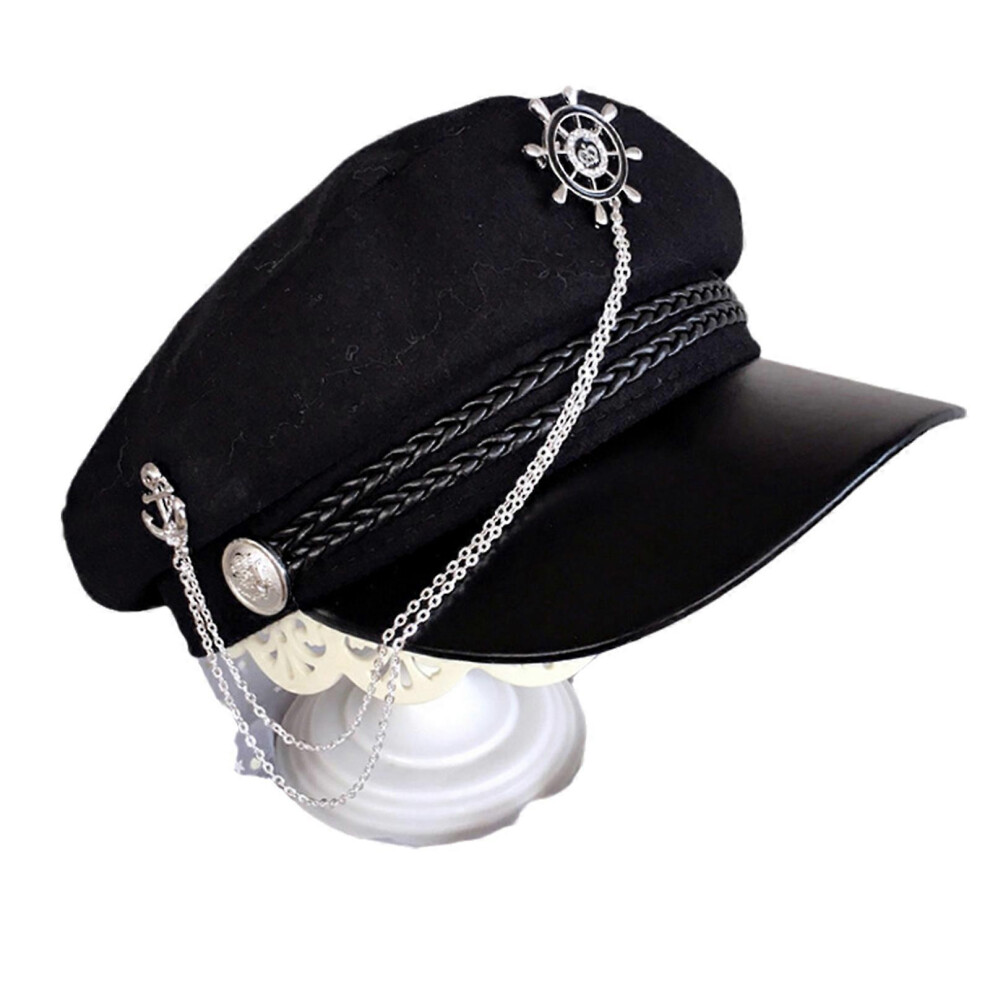 (As Show, One Size) Classy Black Chain Artist Hat Niche Tassel Painter Hat Trendy Peaked Cap Navy Hat Windproof Surprise Gift For Girlfriend Rudder 3081097241368