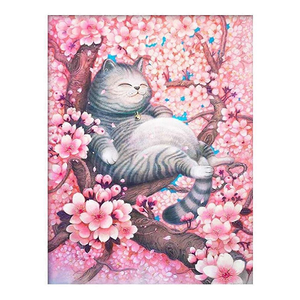 (As show, One size) Modern fashion canvas art 5d custom diamond painting cat and flowers diamond art painting diamond painting kits  ( 12X16 inch)