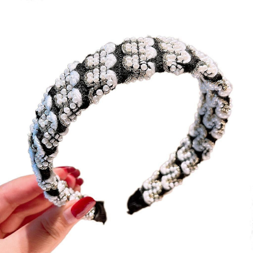 (As Show, One Size) Beaded Faux Pearls Headbands Fashion Wide Headdress Retro Pearl Hairband Elegant Photo Props Party Costume For Women Black 3081097242662