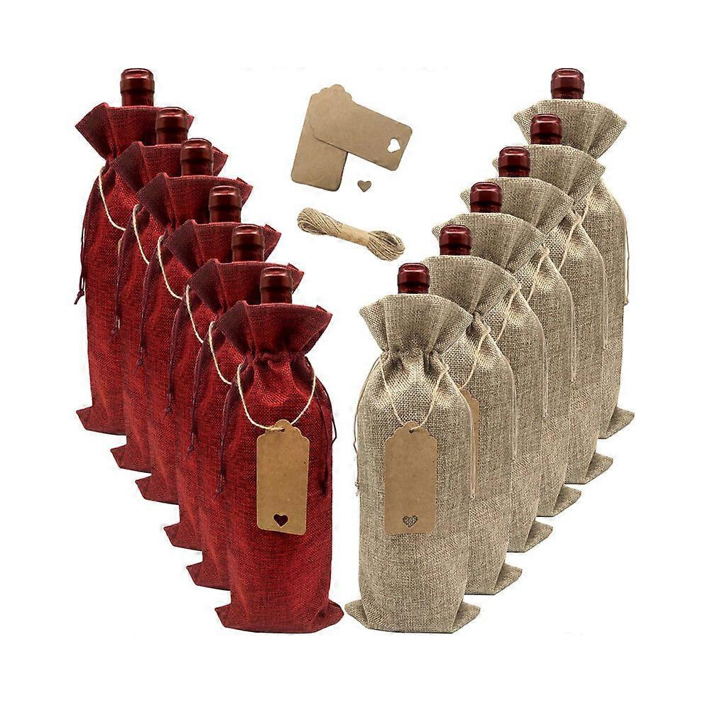 (As show, One size) 12 pieces of hessian wine gift bag+hemp rope+love tag, hessian jute wine bottle bag reusable jute wine bag with drawcord for Christmas wedding party