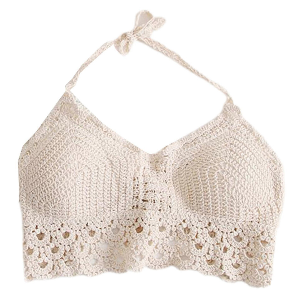 (As Show, One Size) Women Beach Hollow Scalloped Hem Bikini Bra Crop Top Crochet Halter Cami Bustier Apricot 3081097264244