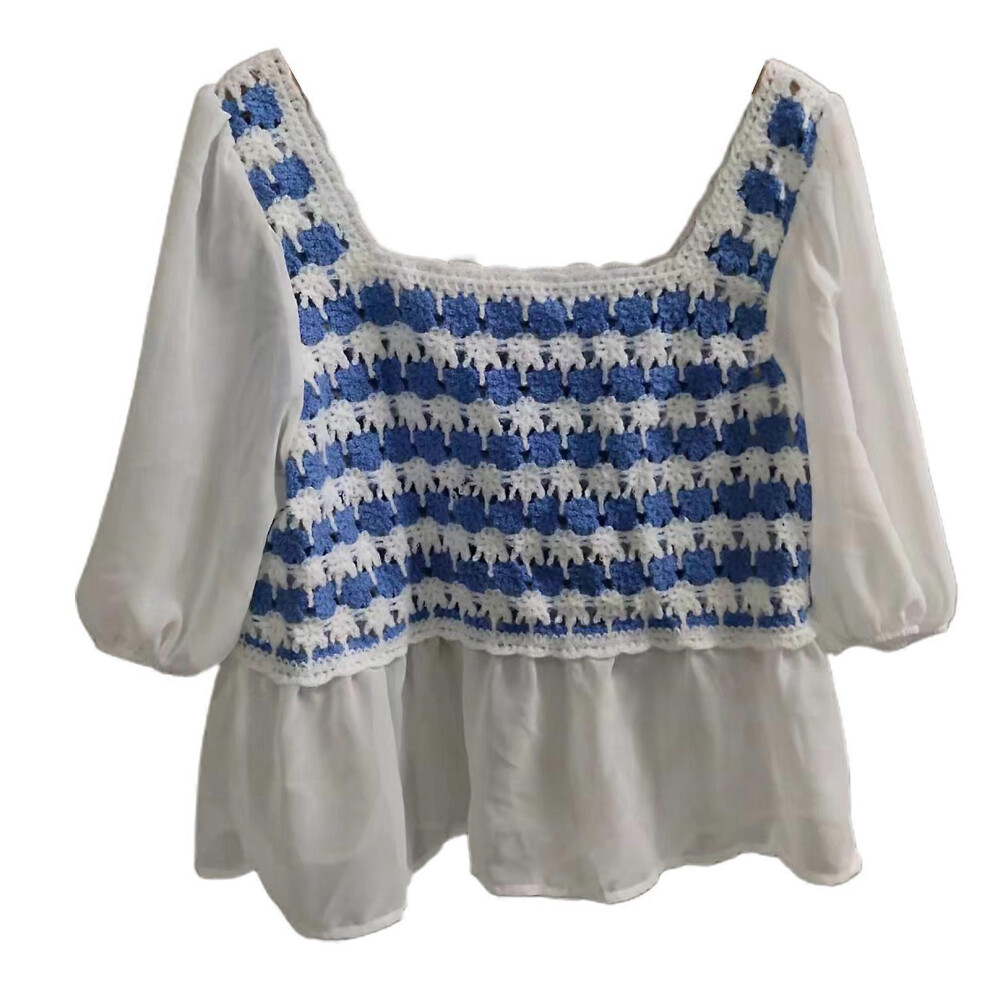 (Blue, One Size) Women Summer Sqaure Neck Puff Half Sleeve Chiffon Shirts Embroidery Crochet Colorblock Striped Blouse College Style Ruffles Hem Peplu 3081097249753