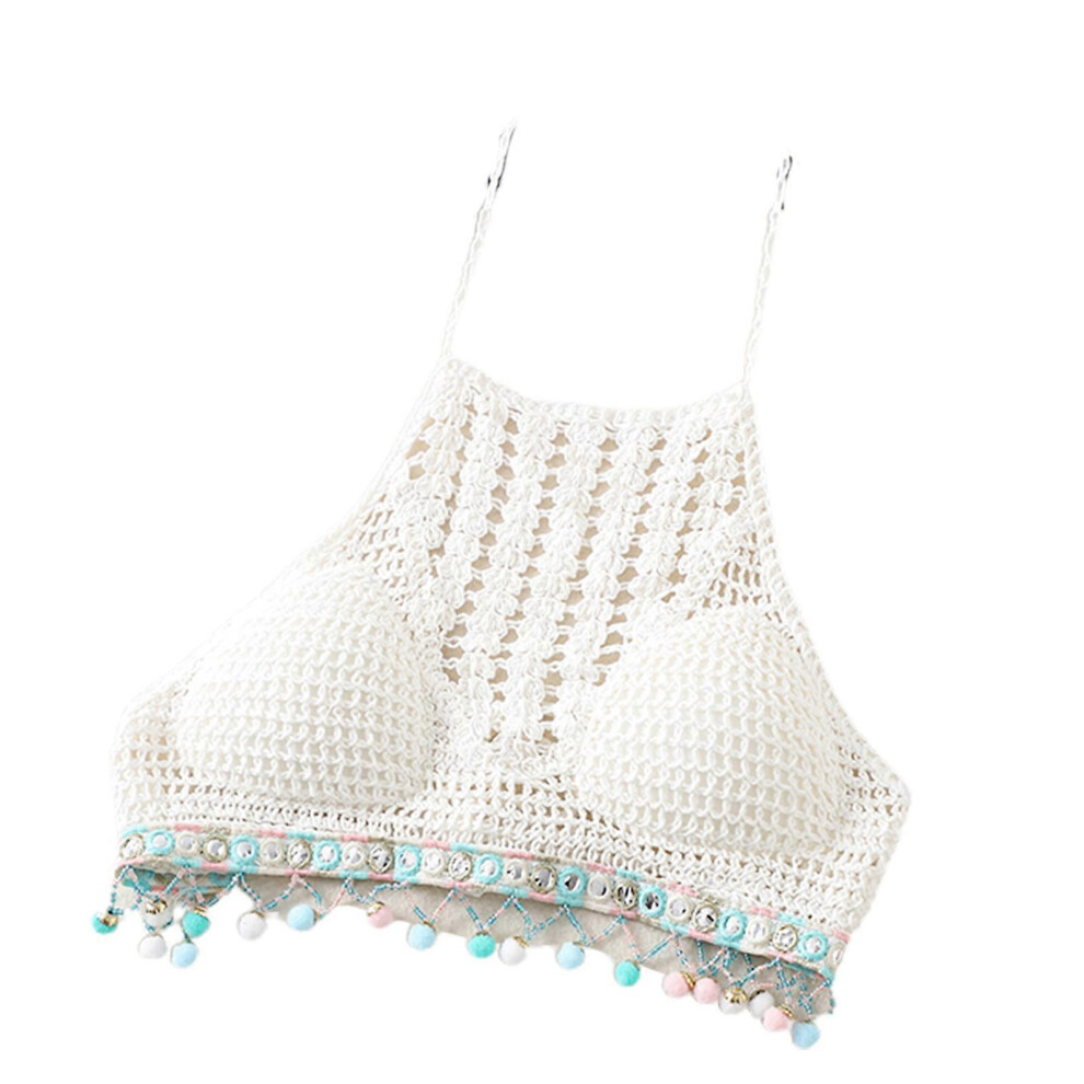 (White, One Size) Women Boho Crochet Halter Bikini Bra Hollow Out Knitted Backless Crop Top Camisole Colorful Beaded Pompom Tassel Hem Swimsuit Beachw 3081097252142