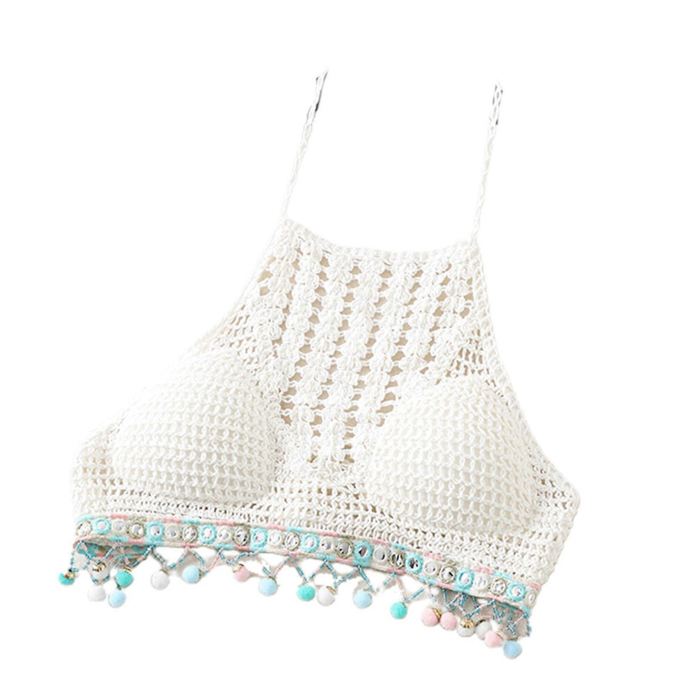 (White, One Size) Women Boho Weave Knit Halter Bikini Bra Hollow Out Crochet Padded Sexy Backless Camisole Beaded Pompom Tassel Hem Beach Bustier Swim 3081097238351