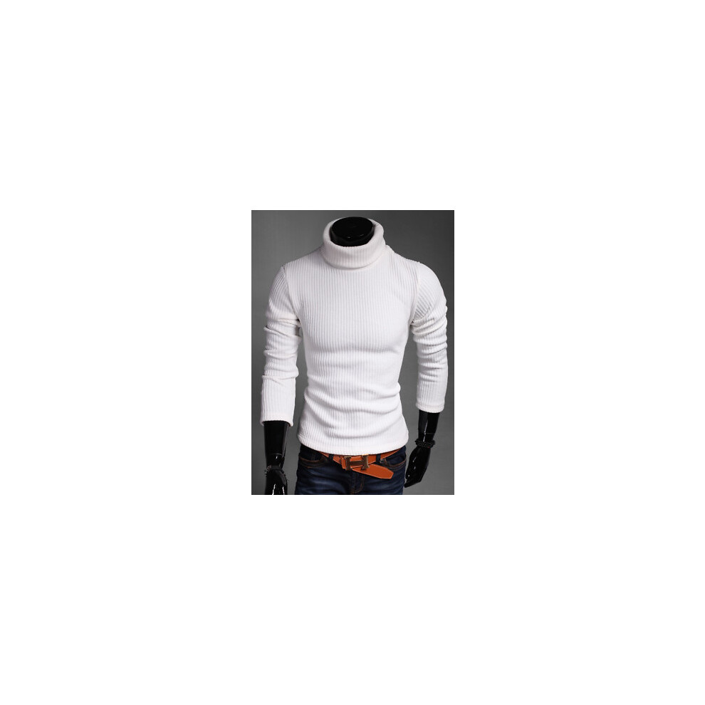 (White,S)Pull pull col haut en tricot fin chaud homme USA hiver col roulé uni