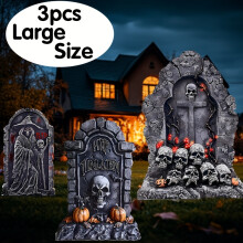 (3set) Large Halloween Outdoor Decorations, 3pcs Set Of Graveyard Tombstone Yard Signs With Plastic Stakes - Realistic Horror Skull RIP Lawn Markers