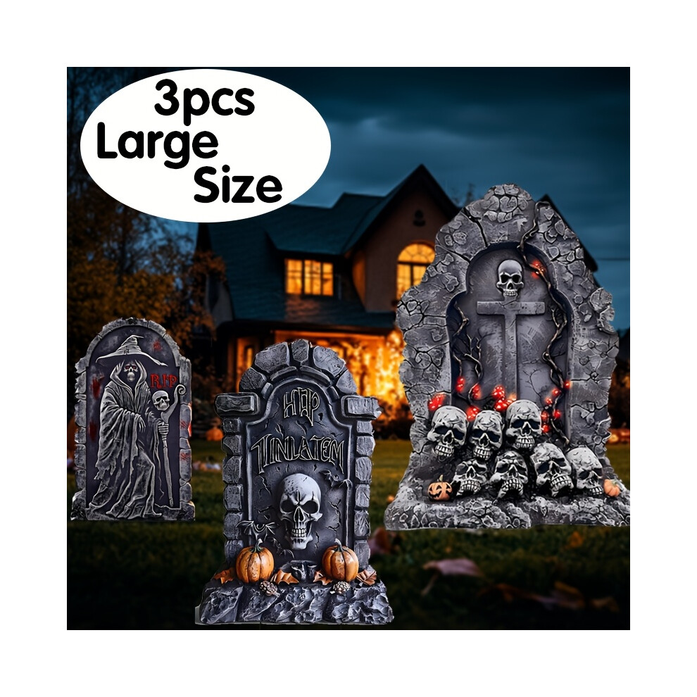 (3set) Large Halloween Outdoor Decorations, 3pcs Set Of Graveyard Tombstone Yard Signs With Plastic Stakes - Realistic Horror Skull RIP Lawn Markers