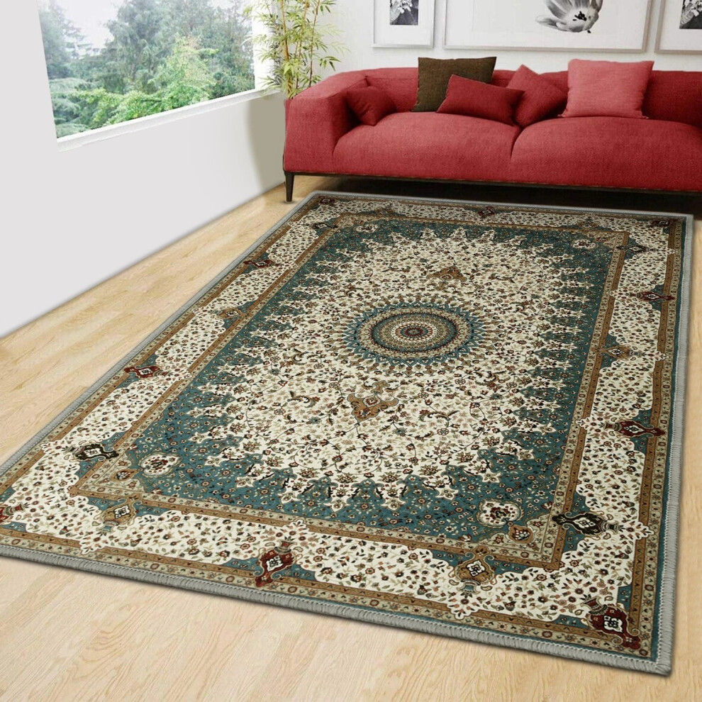 Oxford Homeware (Willow Teal, 160 X 230 Cm (5 Ft. 3 In X 7 Ft. 7 In)) Traditional Nonslip Rugs Extra Large Area Rug Living Room Bedroom Carpets Multicoloured