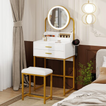 LED Lighted Dressing Table 2 Drawer Vanity Table with Cushioned Stool