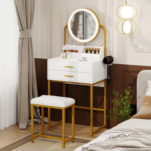 ELECWISH LED Lighted Dressing Table 2 Drawer Vanity Table with Cushioned Stool
