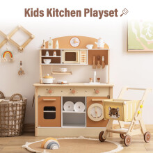 Robotime ROBUD Wooden Play Kitchen with Realistic Accessories, Caramel