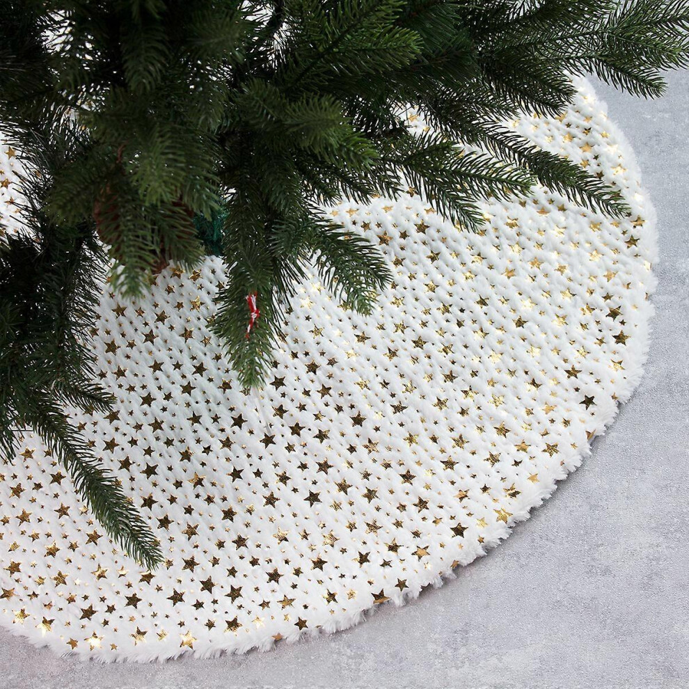 (As show, One size) 36 Inch Christmas decorations Five star printed plush tree skirt White plush Christmas tree decoration Christmas tree skirt white-image-OPC-PHR9TVK-NEW