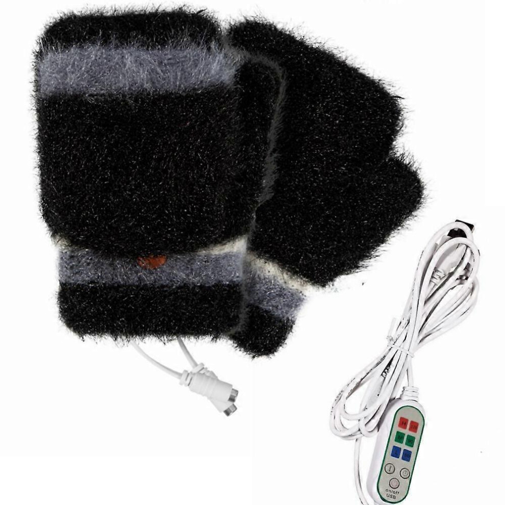 (As show, One size) Winter Autumn Gray Half Finger Flap Faux Mink Heated Gloves with Timer,B