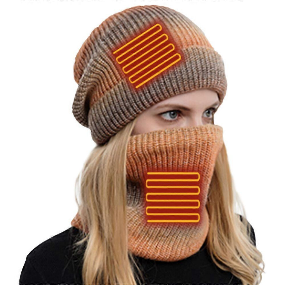 (As show, One size) Outdoor USB electric heated hat bib, tie-dye knitted hat bib, two-piece set, orange