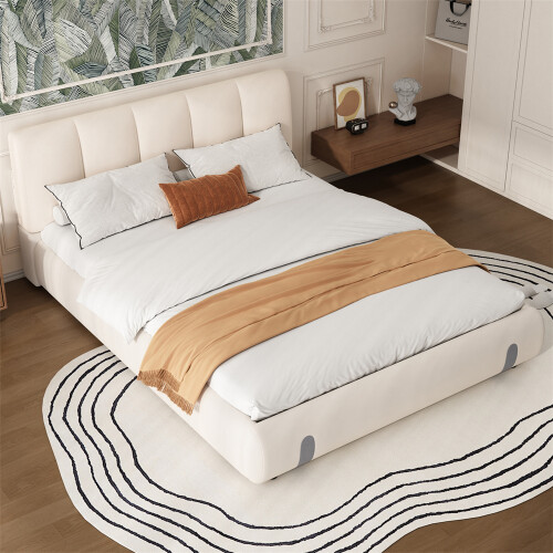 135x190cm, White Upholstered 4ft6 Double Bed, Soft Headboard